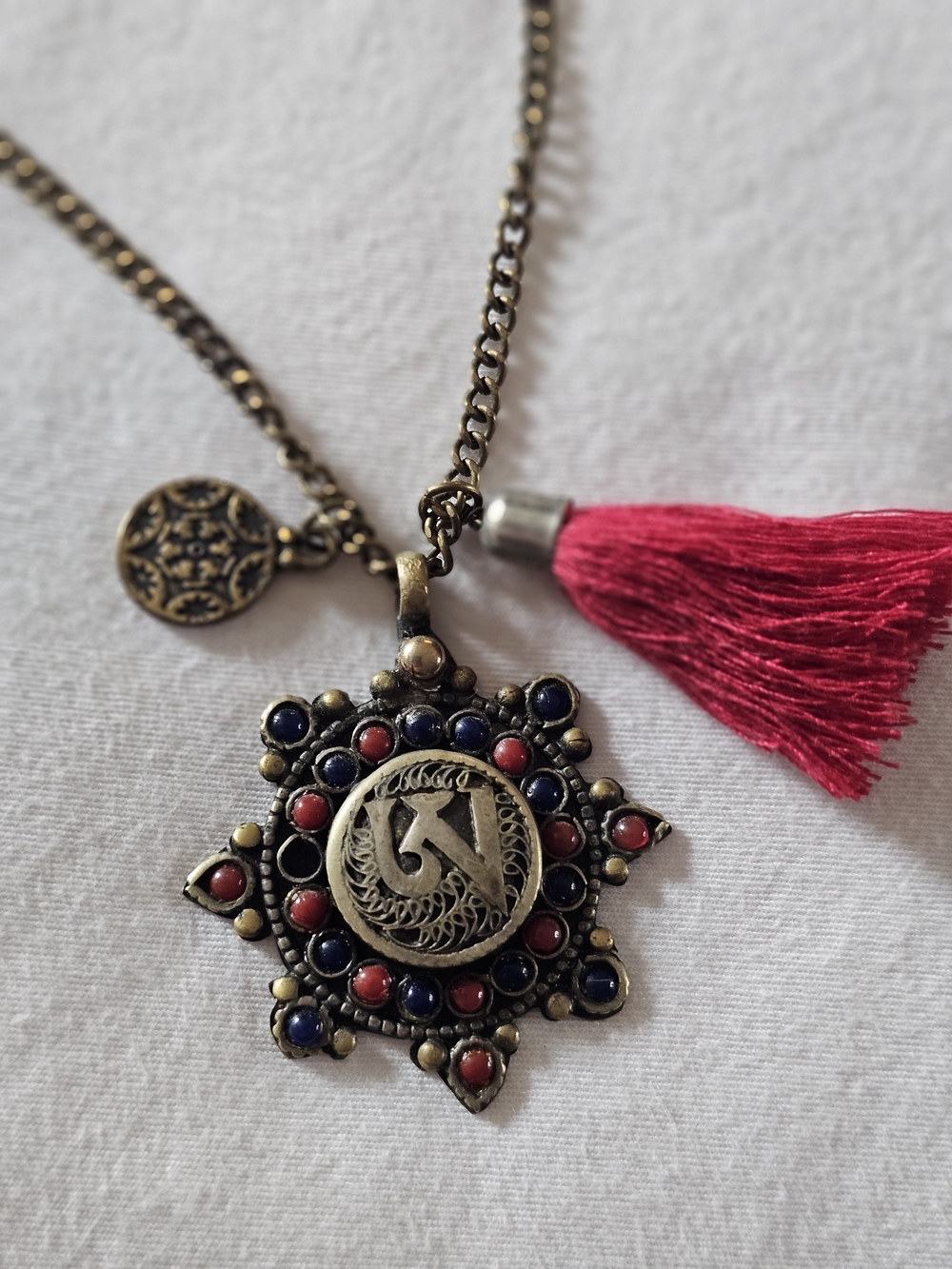 Boho Red & Blue Pendant Necklace with Tassel